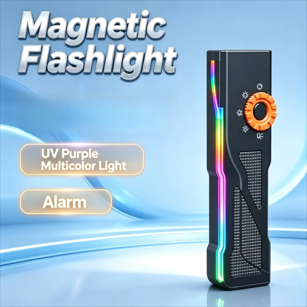 EDC Magnetic‑Wheel Control High Bright Flashlight UV Purple Multicolor Light Magnetic Alarm Torch for Daily Outdoor Carry Use