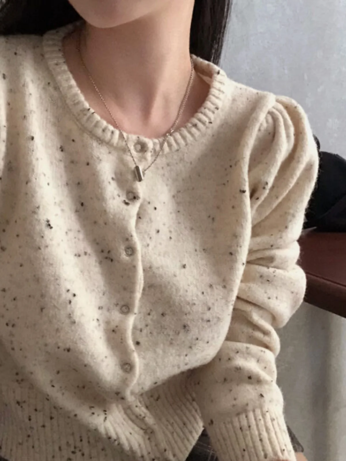 

Red Knitted Sweater Coat Women's Vintage round Ne Bubble Sve Ele Top Korean Sle Loose Fit Long Sve Button up