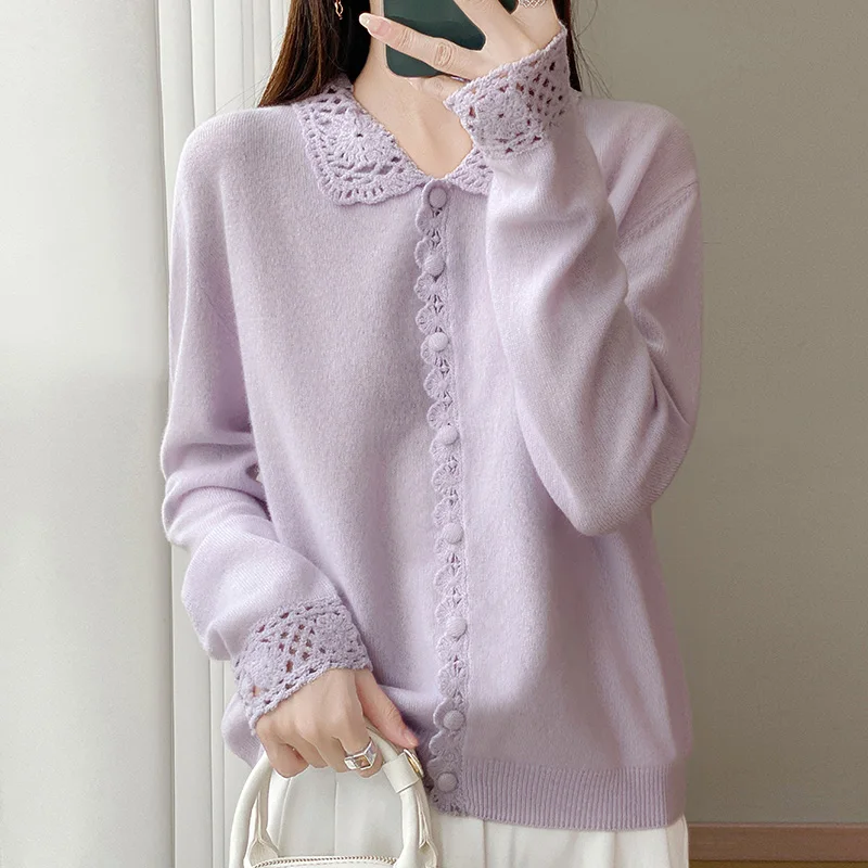 

M-XXL 2025 new women's cardigan long sleeved sweater solid color knitted exquisite fashion jacket women's lapel 100 wool sweater
