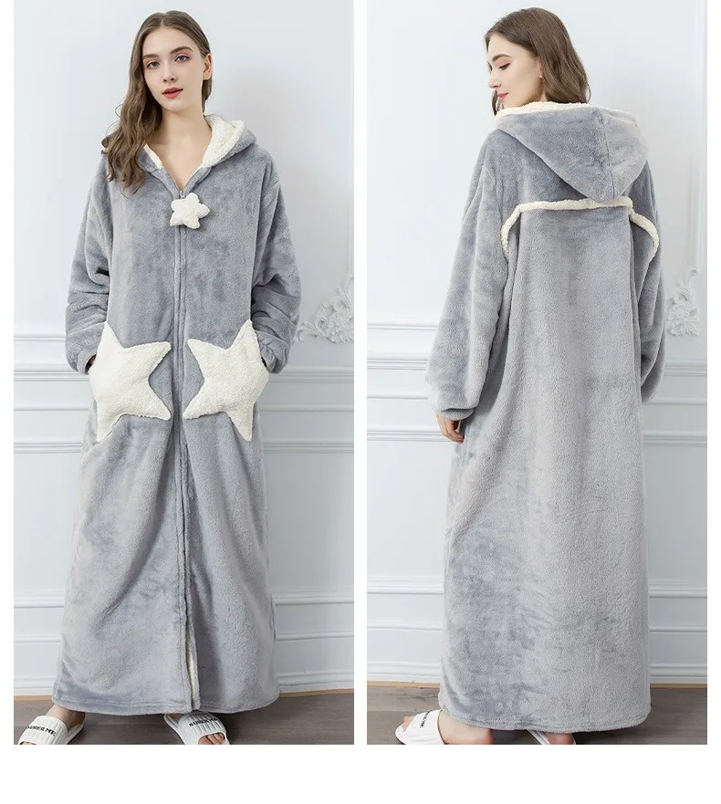 Hooded Zipper Kimono Bathrobe Gown Winter Warm Coral Fleece Sleepwear Women Loose Peignoirs Couple Cute Star Nightgown Robes