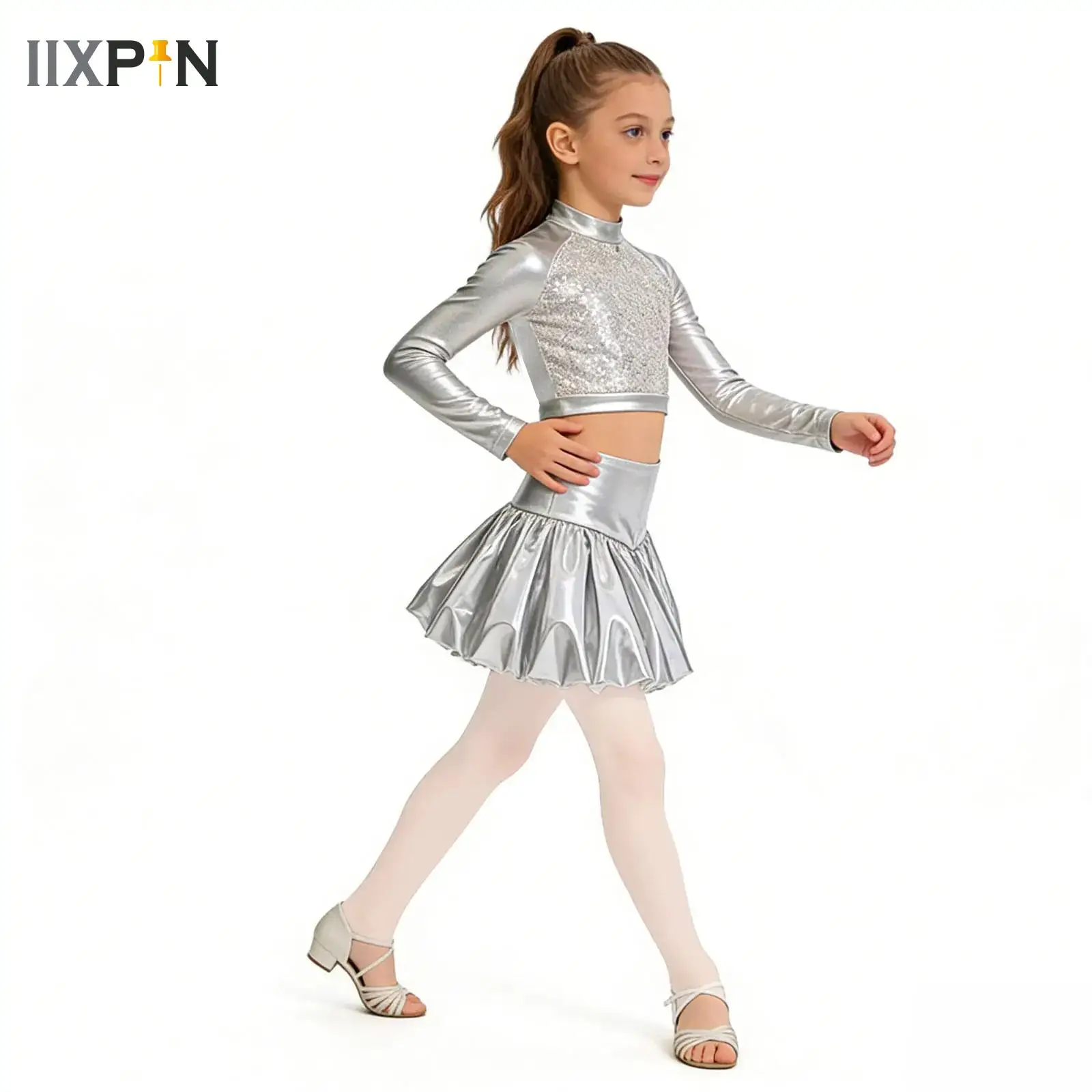 

Kid Girls Modern Jazz Latin Ballet Dance Costume Metallic Crop Top/Jacket+Skirt Shorty Unitard Dress Party Performance Dancewear