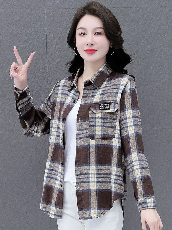 Primavera verão xadrez algodão irt turn-down colarinho casaco para mulheres de meia idade respirável confortável solto ajuste longo sve