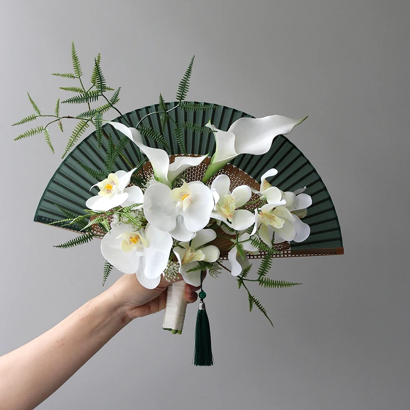 Encounter New Chinese Romance Bouquet Folding Fan Group Fan Bride Cheongsam Wedding Photography Simulation Bouquet Green