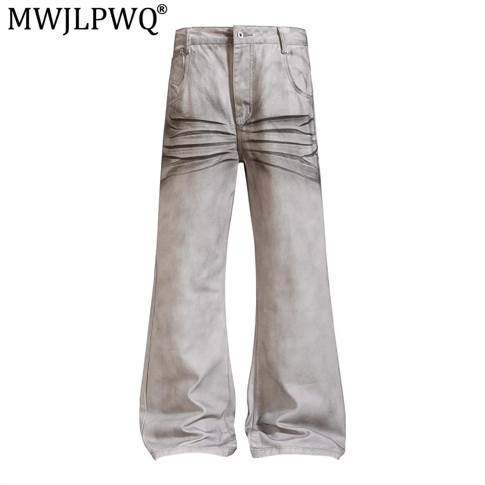 MWJLPWQ Niched Style Wrinkled Distressed Denim Flared Pants For Men New Trendy Washed Loose Wide-Leg Trousers Vibe Style 20748