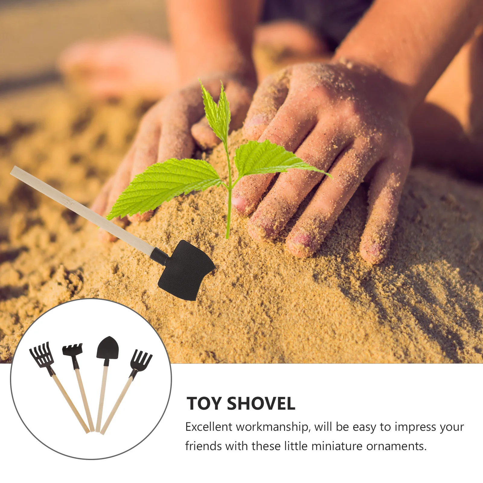 4 ชิ้นเครื่องมือเด็ก Mini Rake Beach Shovel ชุดของเล่นตุ๊กตาเครื่องมือฟาร์มคราดขนาดเล็กไม้ทรายสีดําเล่นอุปกรณ์เสริม