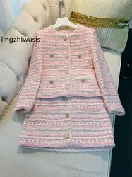 Lingzhiwusis 2024 autunno inverno donna francese signore delicato rosa Set Blazer Top gonna vestito Tweed lana Twinset nuovo arrivo