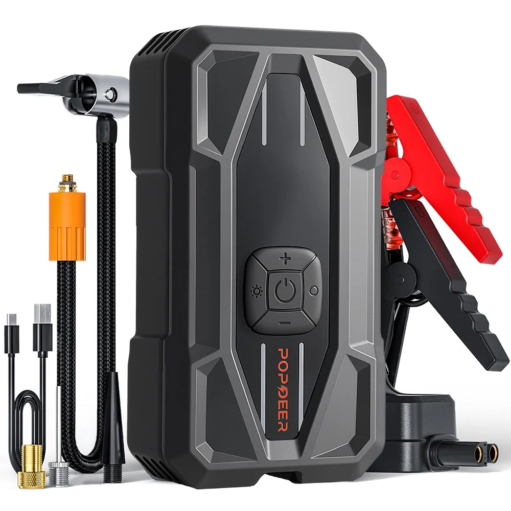 POPDEER CP169 5000A Jump Starter with Air Compressor 150 PSI Tire Inflator 12V 37Wh Power Bank PD30W Type C Quick Charge LCD Di