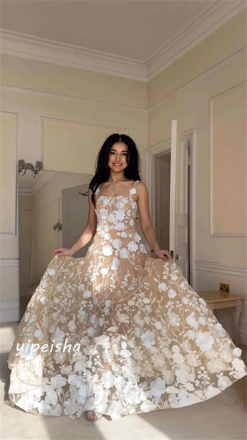 Jiayigong hochwertige Abend Organza drapierte Applikation Abschluss ball a-Linie quadratischen Kragen maßge schneiderte Anlass Kleid lange Kleider