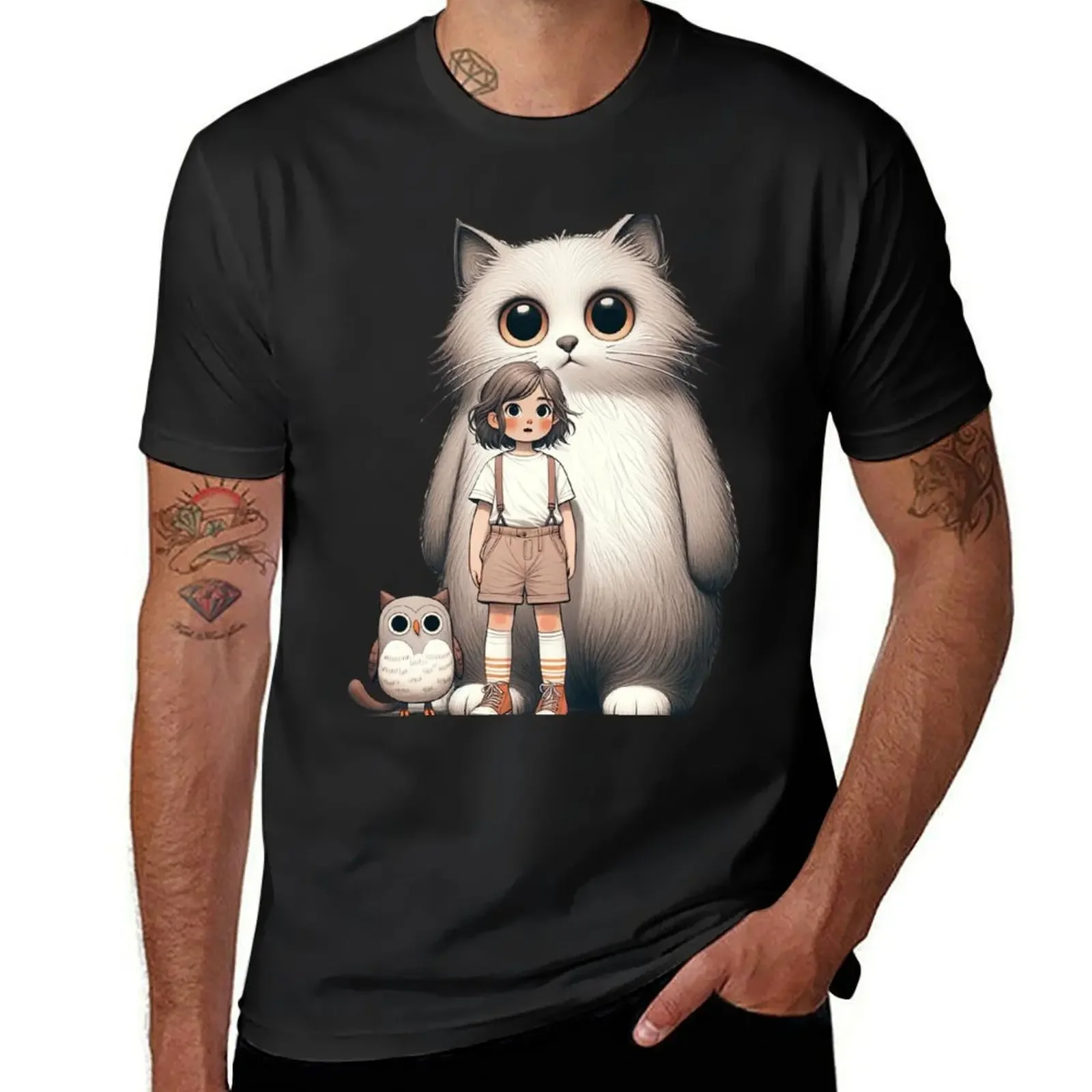 Anime Adventure - Girl with Majestic Cat and Owl T-Shirt anime vintage clothes quick drying mens graphic t-shirts