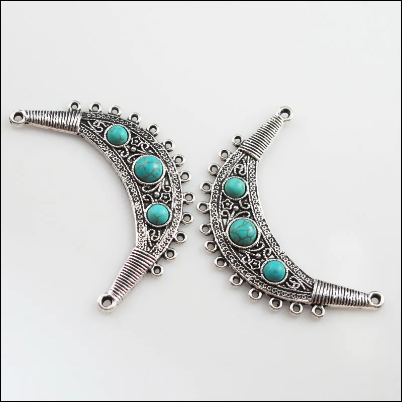 2Pc Retro Tibetan Silver Stone Moon Charms Pendants Connectors 40x67.5mm