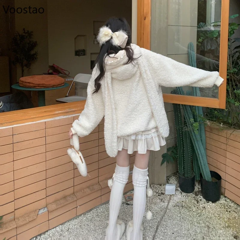 Japanese Sweet Lolita Style Lambswool Hoodies Women Cute Bunny Long Ears Hooded Sweatshirts Korean Rabbit Embroidery Loose Coat