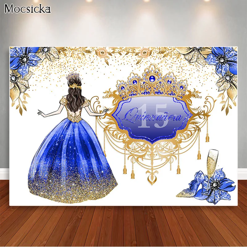 Quinceañera 15th Birthday Party Backdrop for Shiny Royal Blue And Golden Flowers Decororation Banner Photography Background Prop