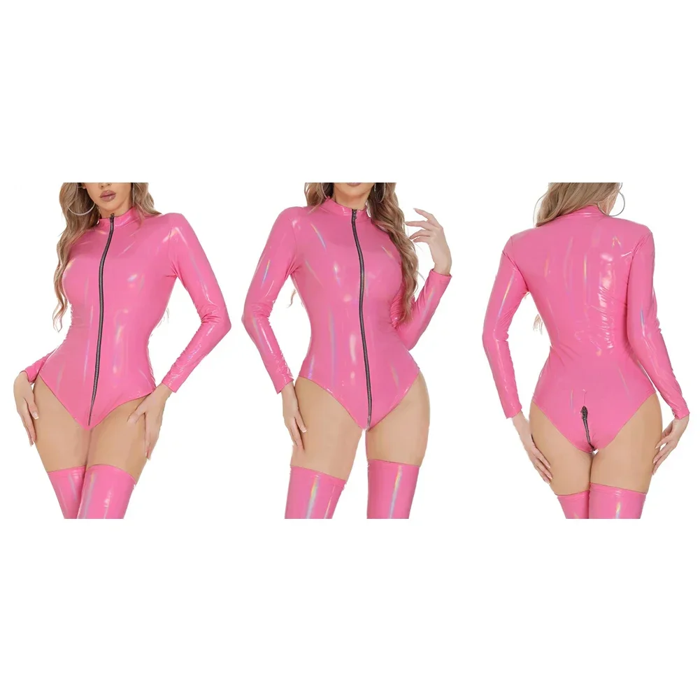 المرأة مثير طويلة الأكمام بو الجلود ارتداءها نظرة الرطب البريدي Crotchless بذلة الأسود والوردي الأحمر والأرجواني الفاتح والأبيض