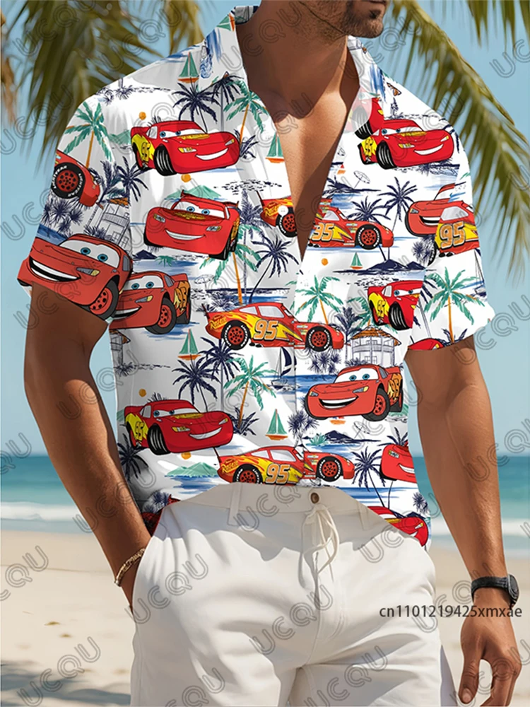 

MINISO новая мужская гавайская рубашка с короткими рукавами и лацканами, летняя рубашка с принтом молнии Mcqueen, Гавайские каникулы, повседневная мода для детей/взрослых ​ Топ