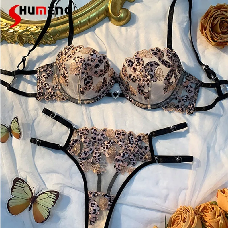 

Women's Gathered Leopard Print Bra Outfits American Sexy See Through Lingerie Bra Set Lady Underwire Push Up Underwear