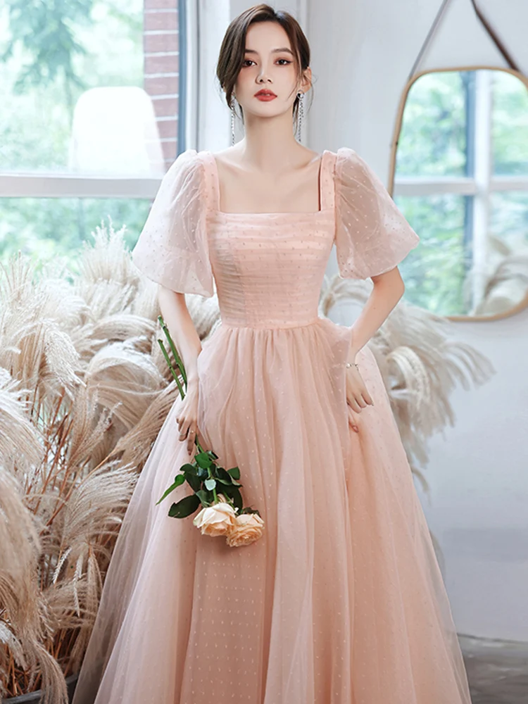 

Элегантное розовое вечернее платье для женщин, для выступлений, для студенток, длинное, с завышенной талией, на бретельках, с коротким рукавом