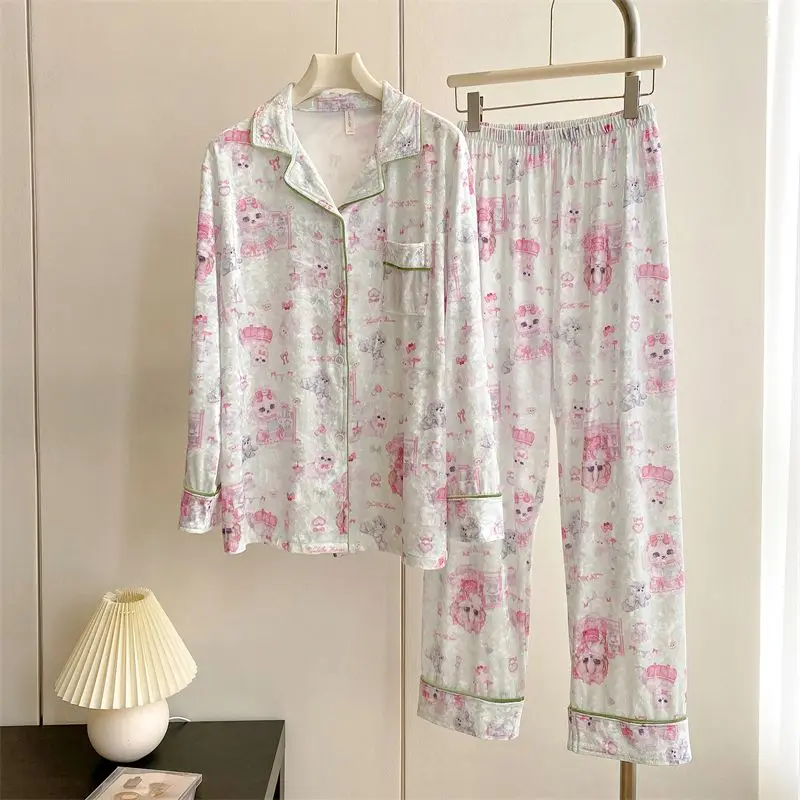 2024 New Golden Velvet Pajamas Women's Autumn Winter Plush Loose Long Sleeved Sleepwear Cardigan Cute Homewear Two Piece Set