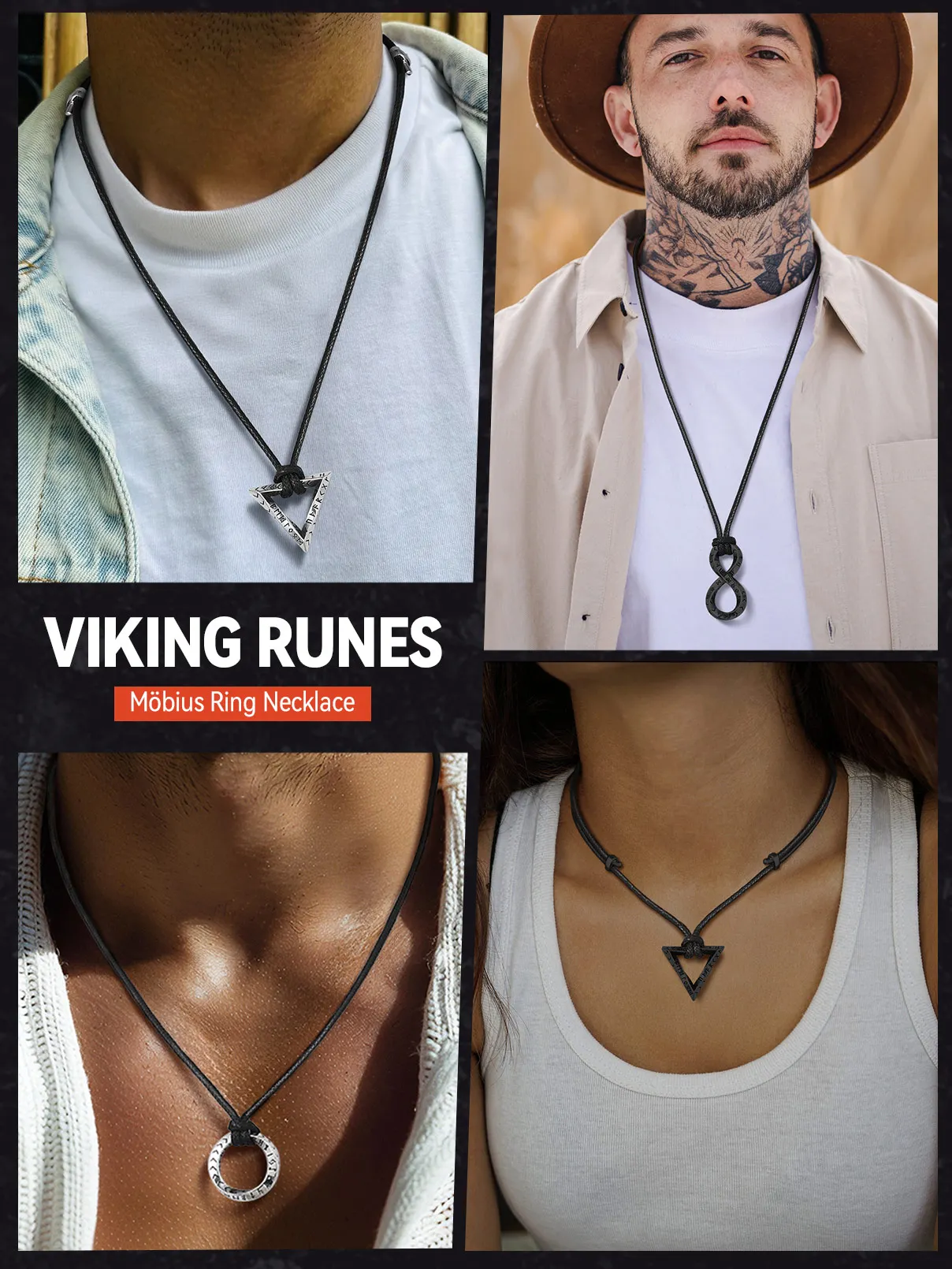 U7 Nordic Viking Necklaces for Men Mobius Infinity Triangle Bar Corss Wolf Hammer Axe Pendant & Wax Cord /Chain Stylish Jewelry