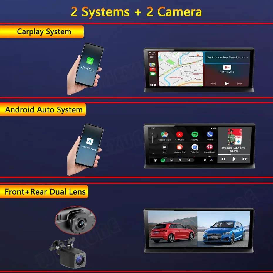 กล้องติดรถยนต์4K และกล้องหลัง1080P แบบไร้สายเครื่องเล่นติดรถยนต์ระบบแอนดรอยด์จีพีเอสหน้าจอ WIFI 5G เครื่องบันทึกวีดีโอรถยนต์ FM