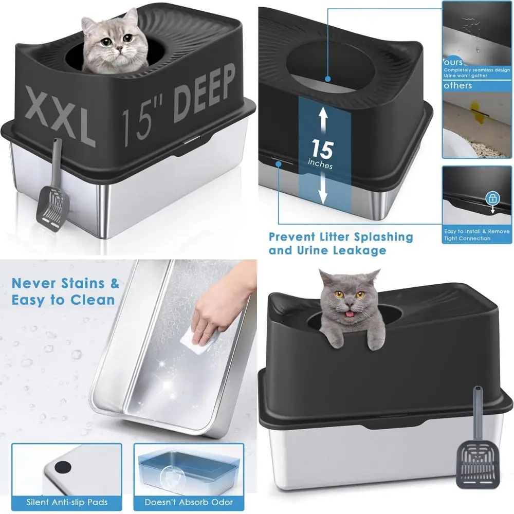 

Extra Large Stainless Steel Enclosed Cat Litter Box with Lid for Easy Cleaning, XL Metal High Side, Ideal for Large Cats
