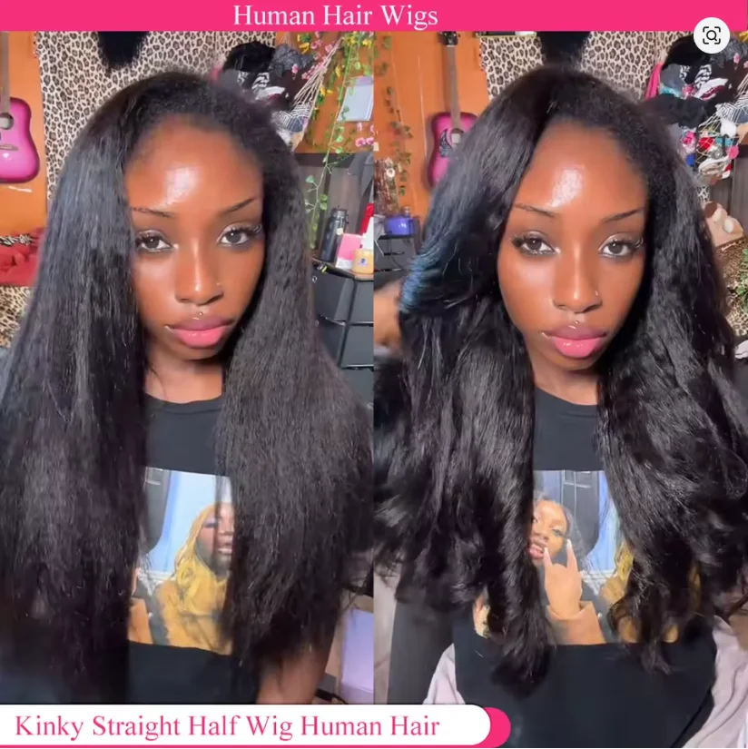 

Парик-полупарик Kinky Straight из натуральных волос, без клея, готовый к носке, 3 в 1, с завязками, плотность 180%