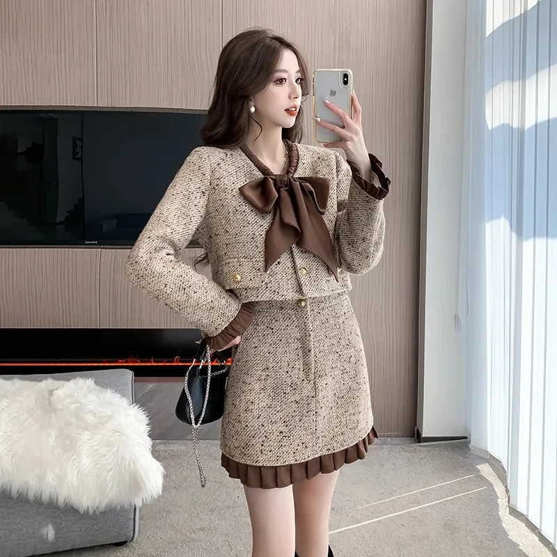 Spring Autumn New Sets Skirt Women's Fashion Loose Casual Bow Short Jacket + Skirt Two-piece Set XQ9