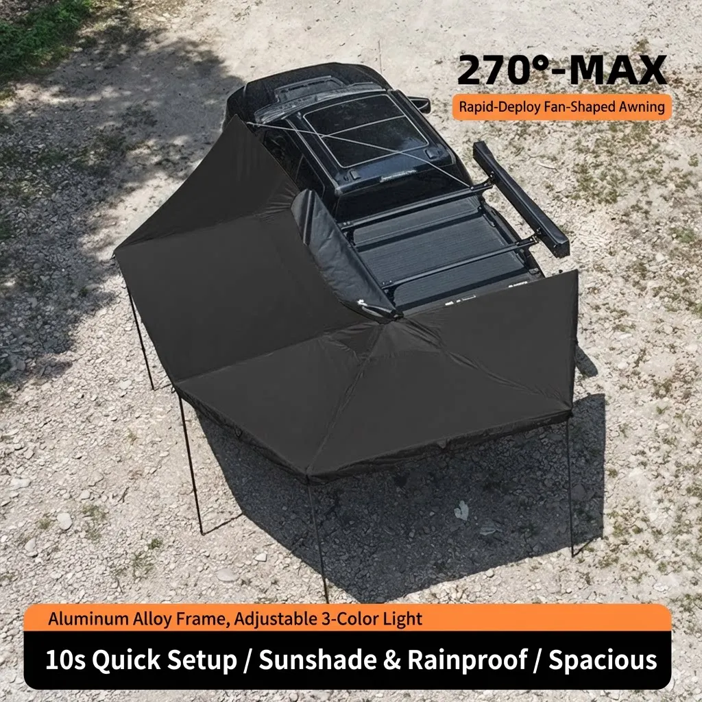 Roof Top Tent Side Open Quick Open Waterproof Four-Season Canvas Awning 270-Degree Fan-Shaped Car Tent for Outdoor
