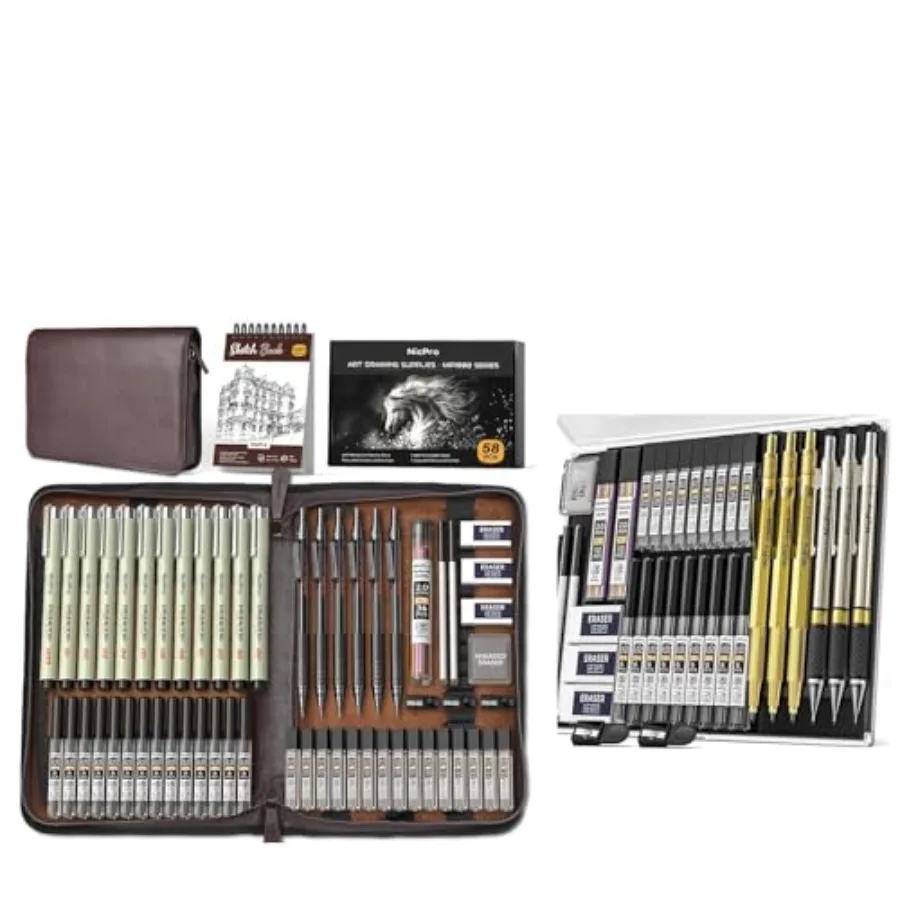 

35PCS Gold Art Mechanical Pencils Set + 58PCS Art Drawing Supplies Kit in Leather Case