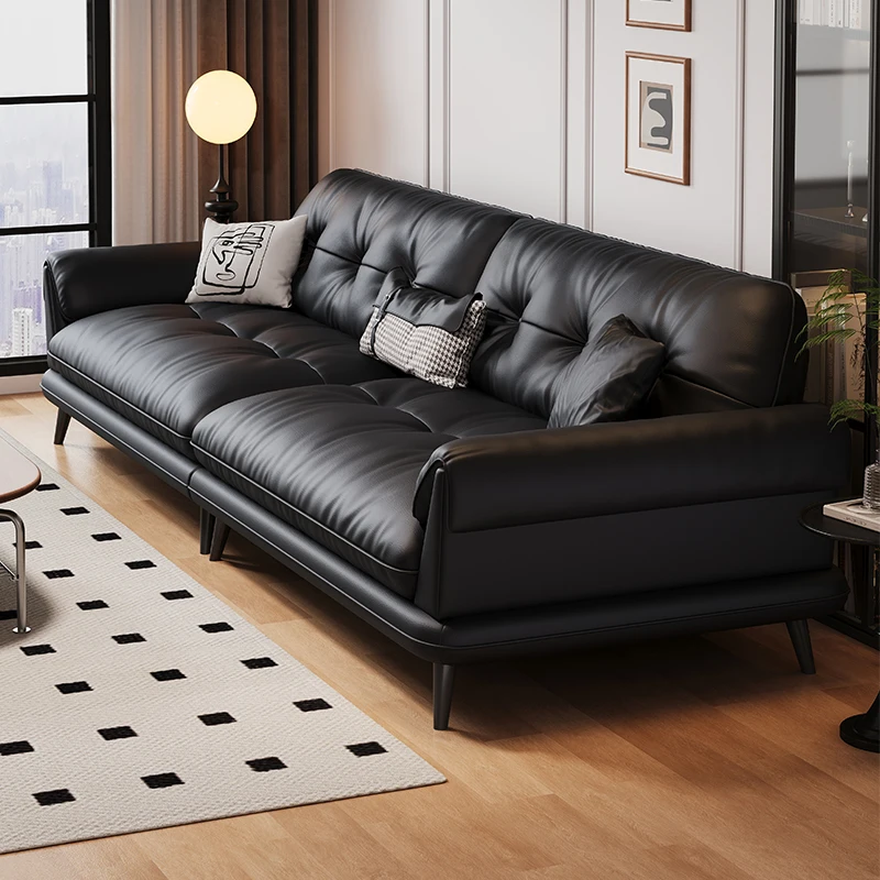 Italian minimalist leather sofa, French retro style living room, modern small apartment, straight top layer, cowhide sofa