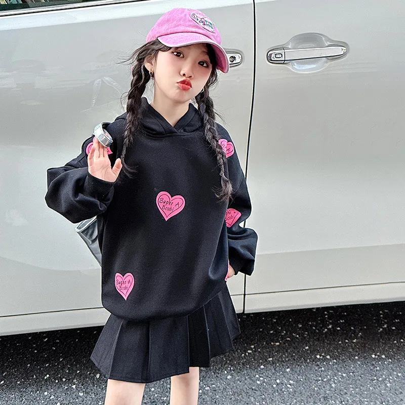 

School Girls Autumn 2pcs Outfit Kids Girls Letter Heart Printed Hooded Sweatshirt Children Girls Pleated Skirt 4-14Y Girls Sets