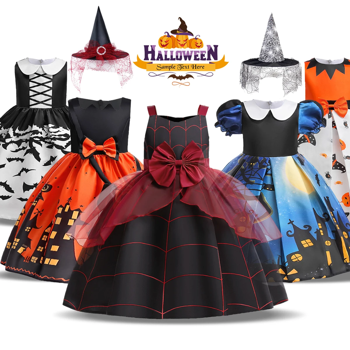 Halloween Magic Witch Girls Costume Ghost Bat Dark Witch Carnival Party Cosplay Dress For 2-10 Years Kids Halloween Disfra