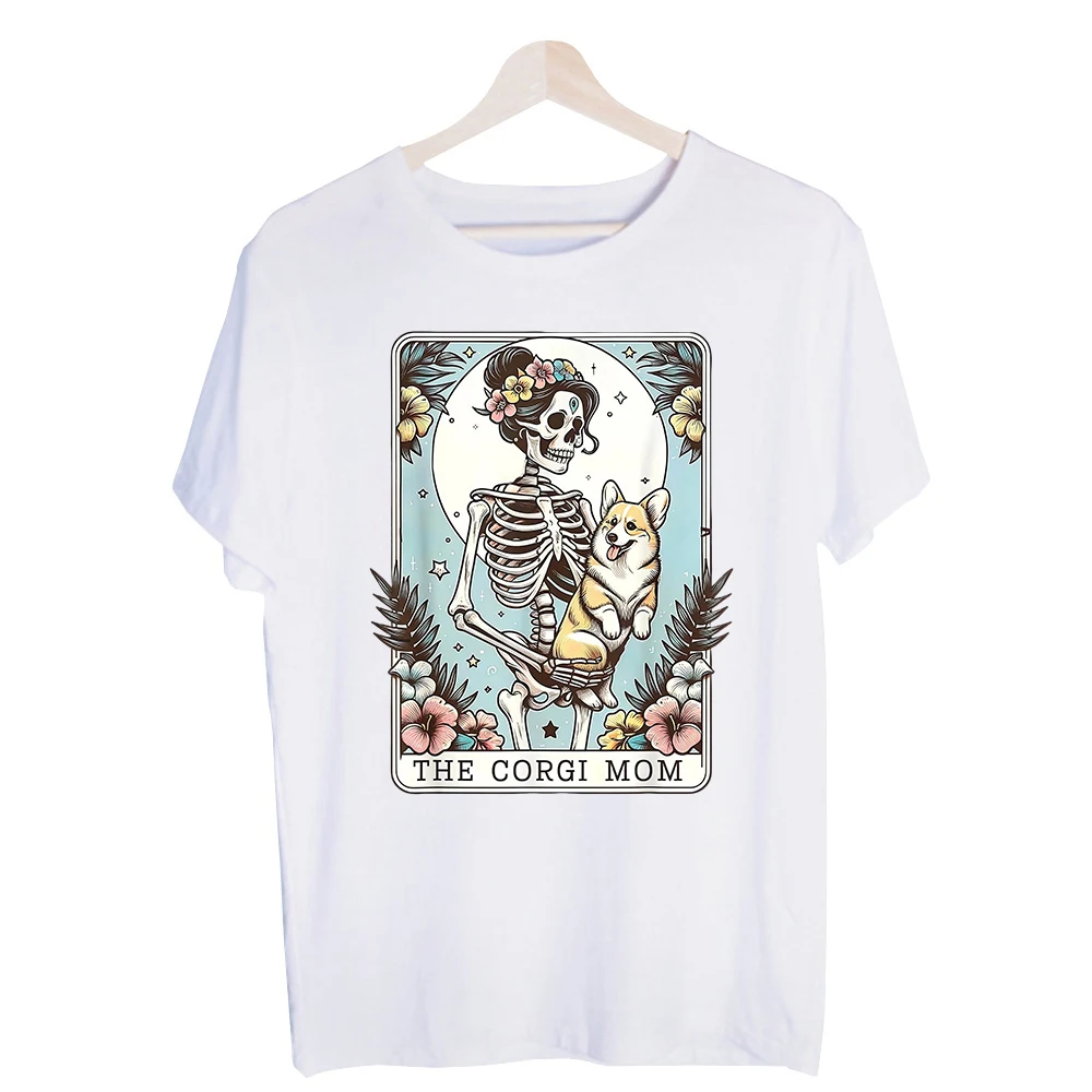 Women's Skeleton and Corgi Graphic Tee, Short Sleeve Crew Neck T-Shirt for Casual Daily Wear and Festival Outfits