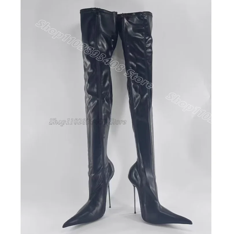 

Black Matte Leather Metal Heels Boots Pointed Toe British Style Side Zipper Spring Fashion Over Knee Boots Zapatos Para Mujere