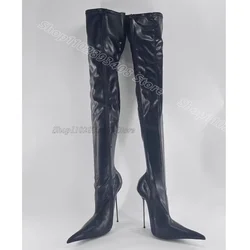 Black Matte Leather Metal Heels Boots Pointed Toe British Style Side Zipper Spring Fashion Over Knee Boots Zapatos Para Mujere