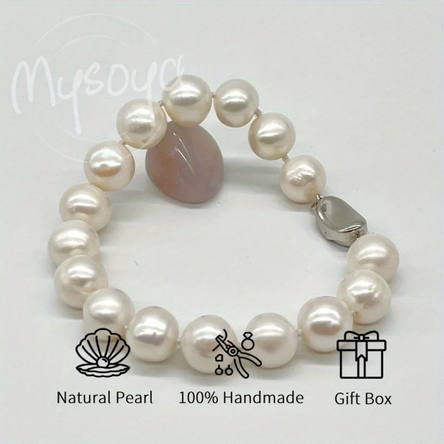

MYSOYA White Freshwater Pearl Bracelet 9-10mm with Gift Box, Give Him Her Gift, Suitable for Daily Weddings, Birthday Gifts