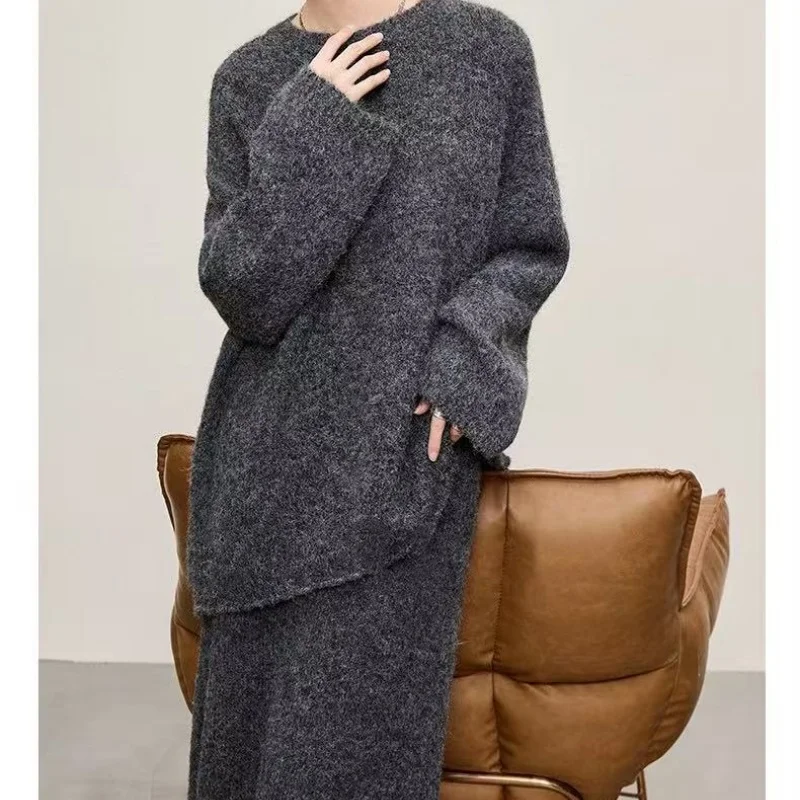 Korean Version Long Skirt Set, Loose And Lazy Style, Thick Knit Sweater Half Skirt, 2025 Winter Fashion, Relaxed Sweater Skirt