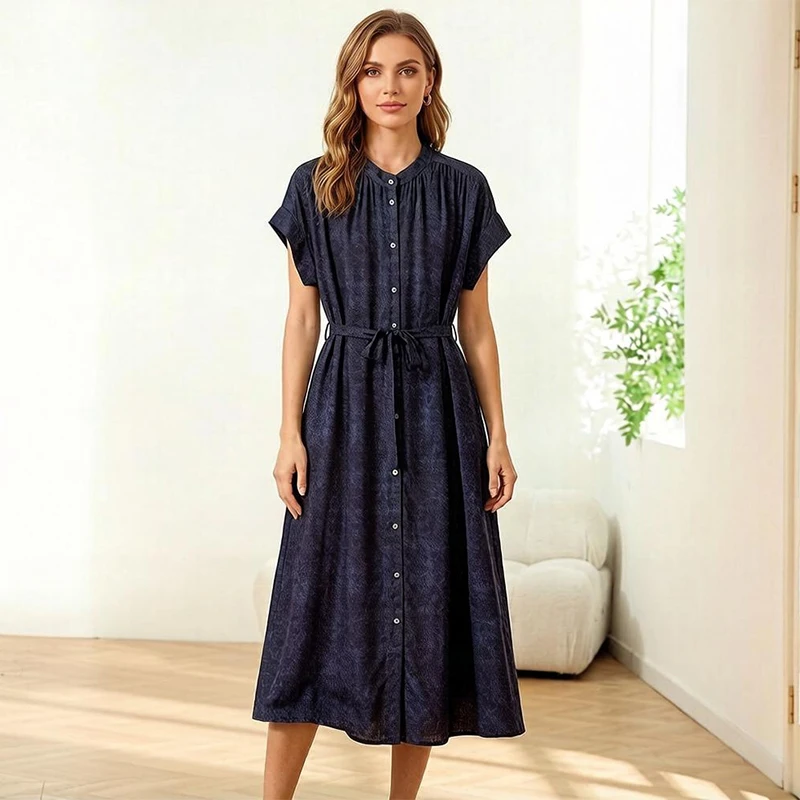 

100% Mulberry Silk Crepe Silk Women Shirt Dress Short Sleeve Denim Printed Buttons Down Midi Dress QQ073