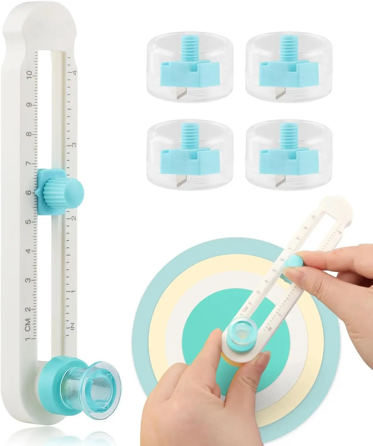 

Adjustable Circle Cutter for Paper Crafts, Manual Rotary Cutter with 4 Blades, Metric & Imperial Scale, 2-20cm Diameter, Safety Blade Guard for DIY Card Making Scrapbooking