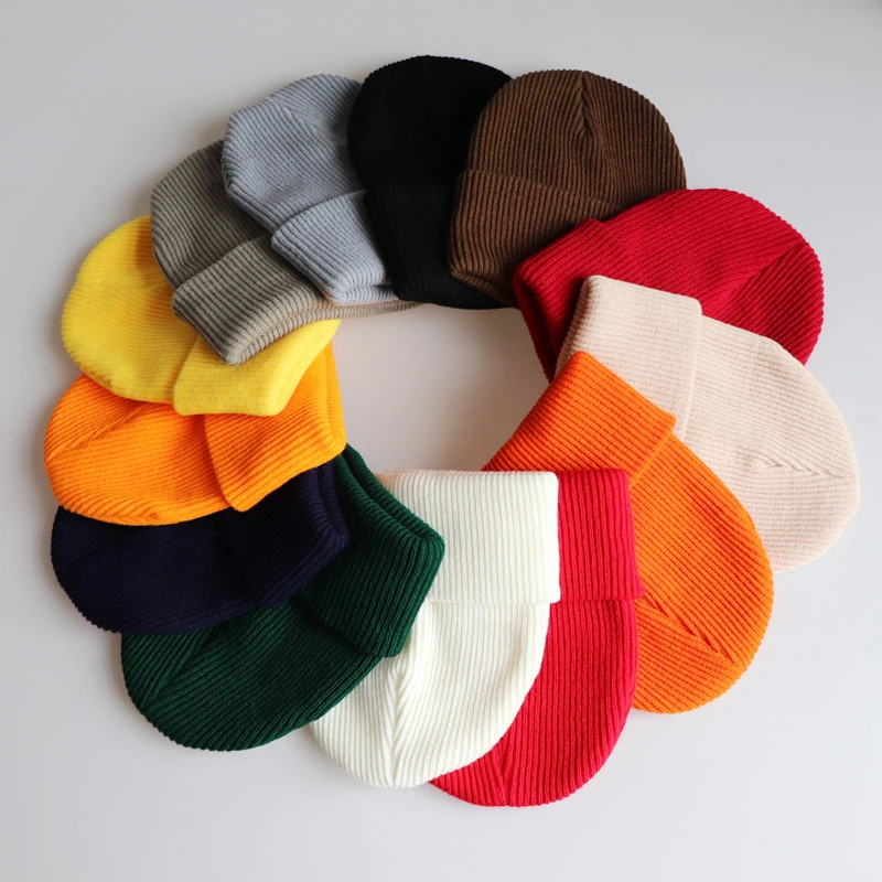 Winter New Striped Wool Curled Knitted Hats Ustom Logo Women Fashion Beanie Hat Solid Color Men Hip Hop Skullies Knit Ski Cap