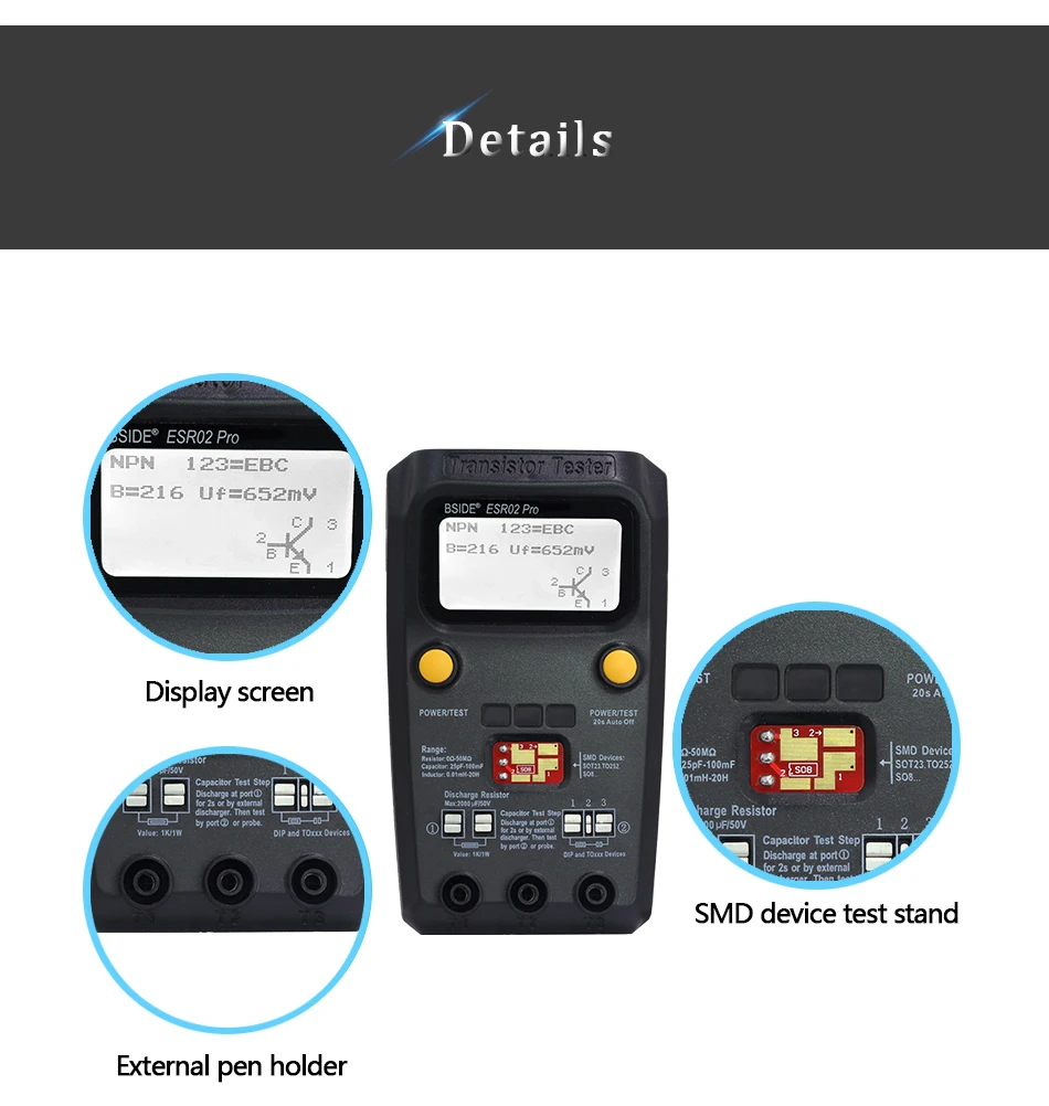 Imagem -05 - Multímetro Teste Bside Esr02pro Multi-purpose Transistor Tester Diode Triode Capacitância Resistor Mos Pnp Npn Smd