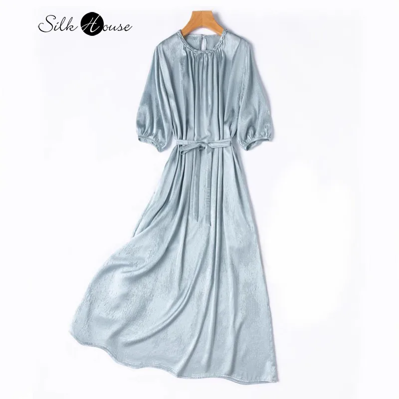 

Water Blue Elegant Temperament 93% Natural Mulberry Silk Elastic Jacquard Satin Shirt Style Women's Fashionable Summer Dress