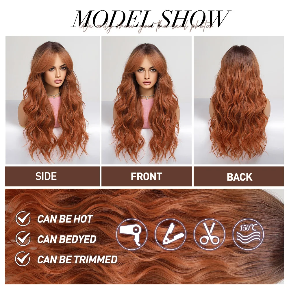 oneNonly Long Ginger Orange Wig Bangs Wavy Party Wigs Plush Daily Natural Hair Woman Wigs High Quality Synthetic Wig