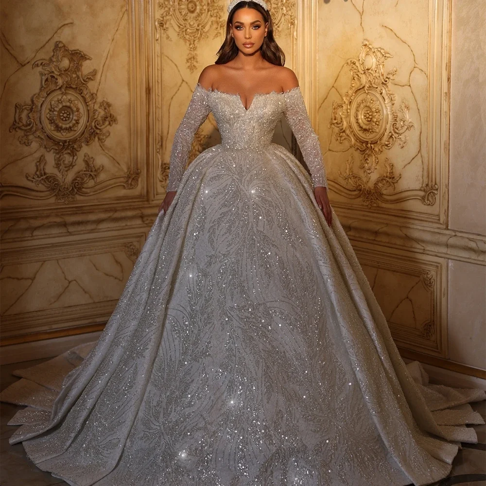 

Flavinke Customized Luxurious Embroidery Beaded Lace Wedding Dresses Sequined Off Shoulder Bridal Ball Gowns Dresses For Bride