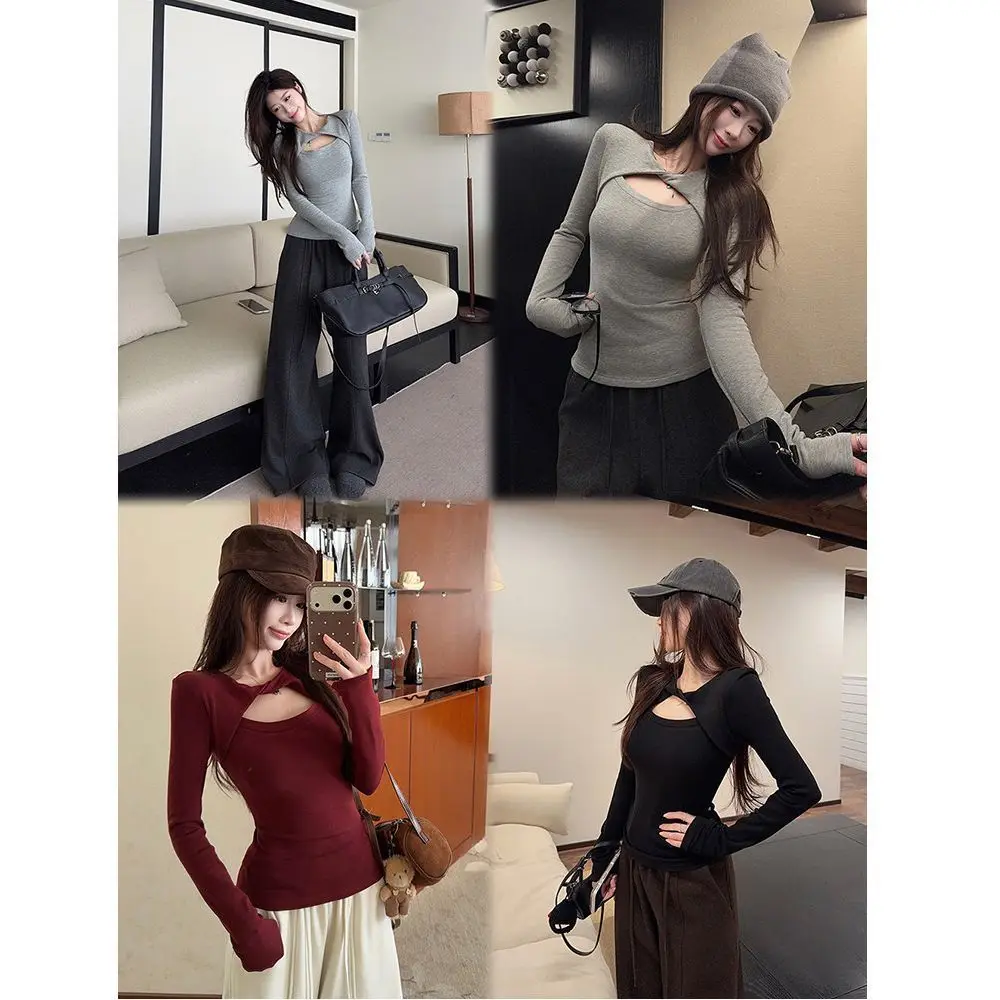 Women's Long Sleeve T-Shirt Design Knot Hollow out Slim Fit Waist Control Winter New Style Base Layer Top V-Neck Cotton Blend