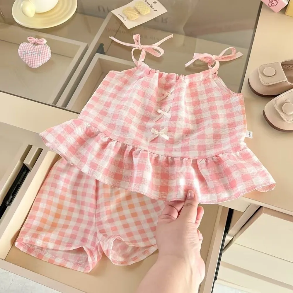 Fashion Princess Girls Sling Shorts Set Thin Sweet Strap Suits Bow Vest Skirt for Toddler