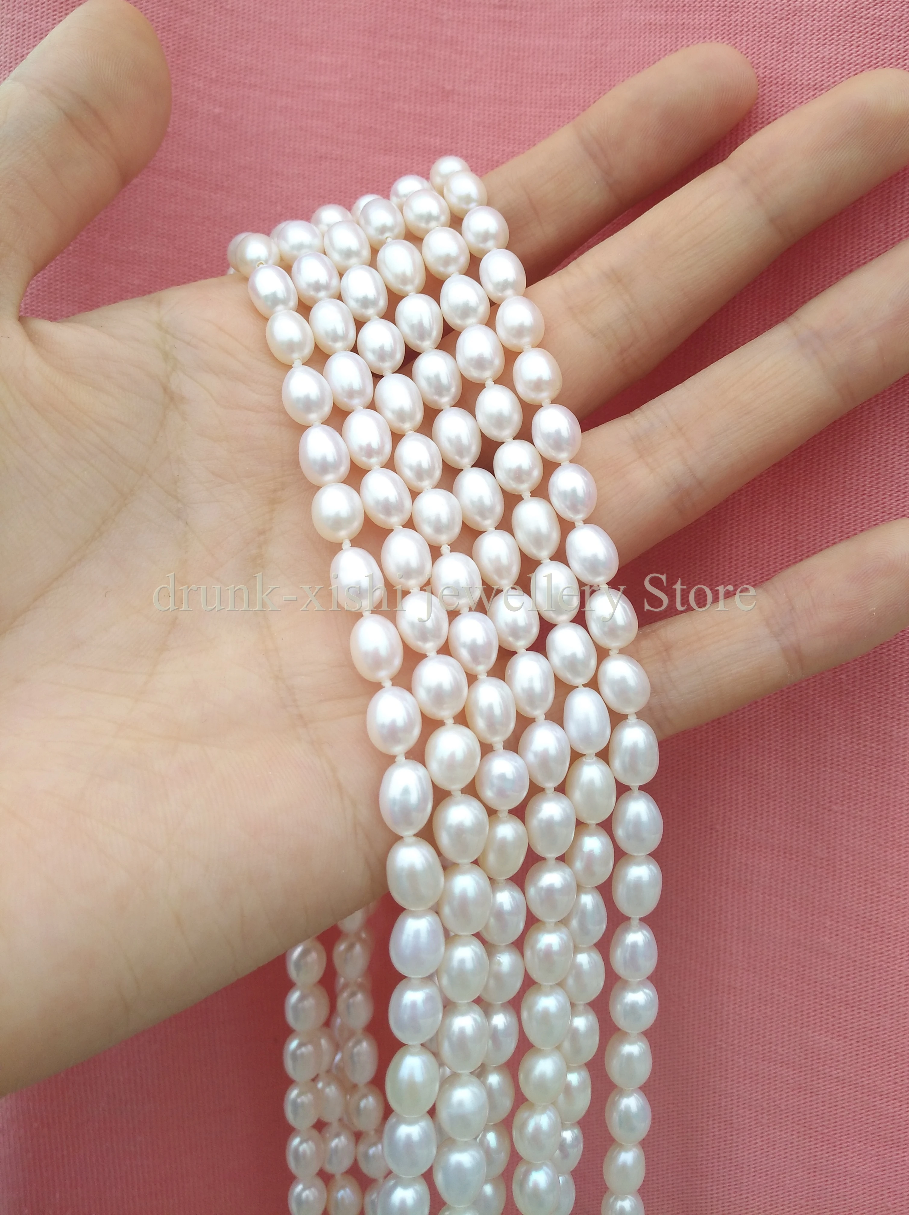 Very Long Genuine 6-7MM Seawater White Pearl Rice Beads   Necklace Sivler 925 Fine Jewelry Party Free Shipping