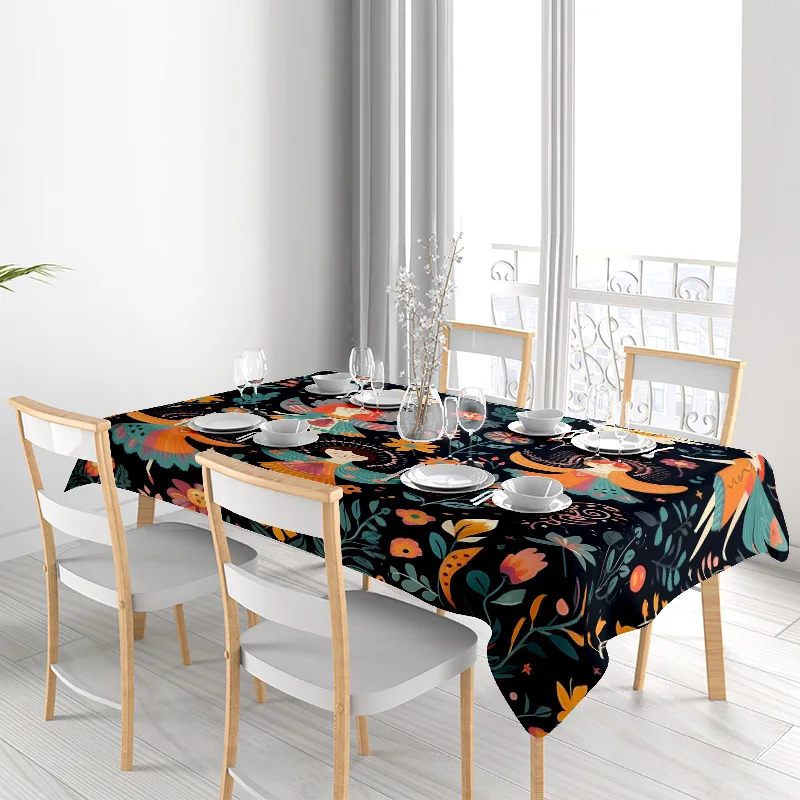 مفرش طاولة مطبوع عليه زهور لديكور المنزل، غطاء طعام بوليستر مقاوم للماء لتزيين المطبخ، تصميم زهور سوداء مع طيور #3
