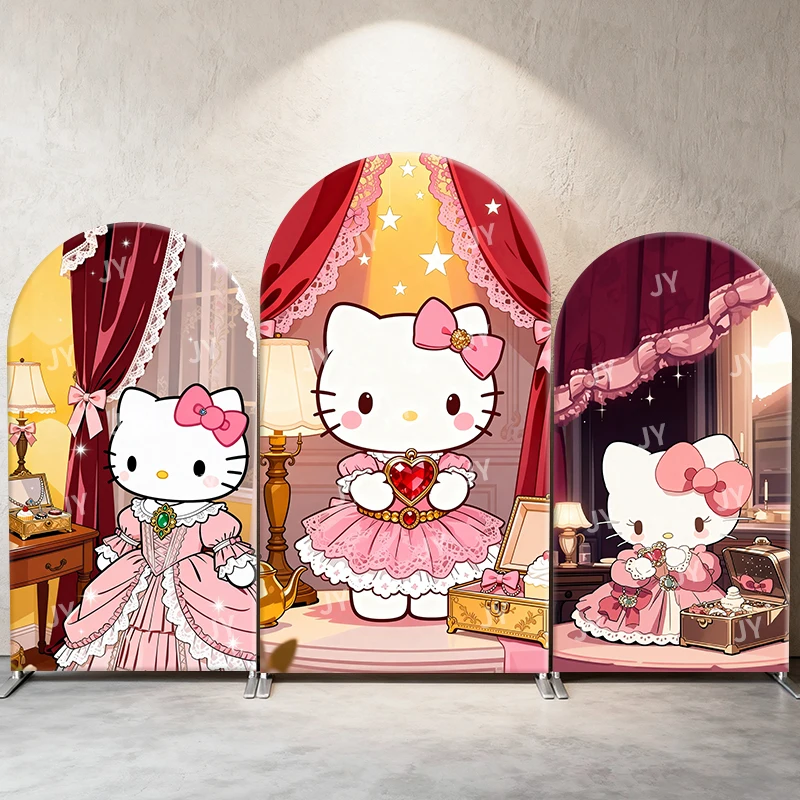 

Hello Kitty Arch Backdrop Cover Vintage Palace Elegant Cute Cartoon Style Birthday and Baby Shower Party Photo Booth Decor Props
