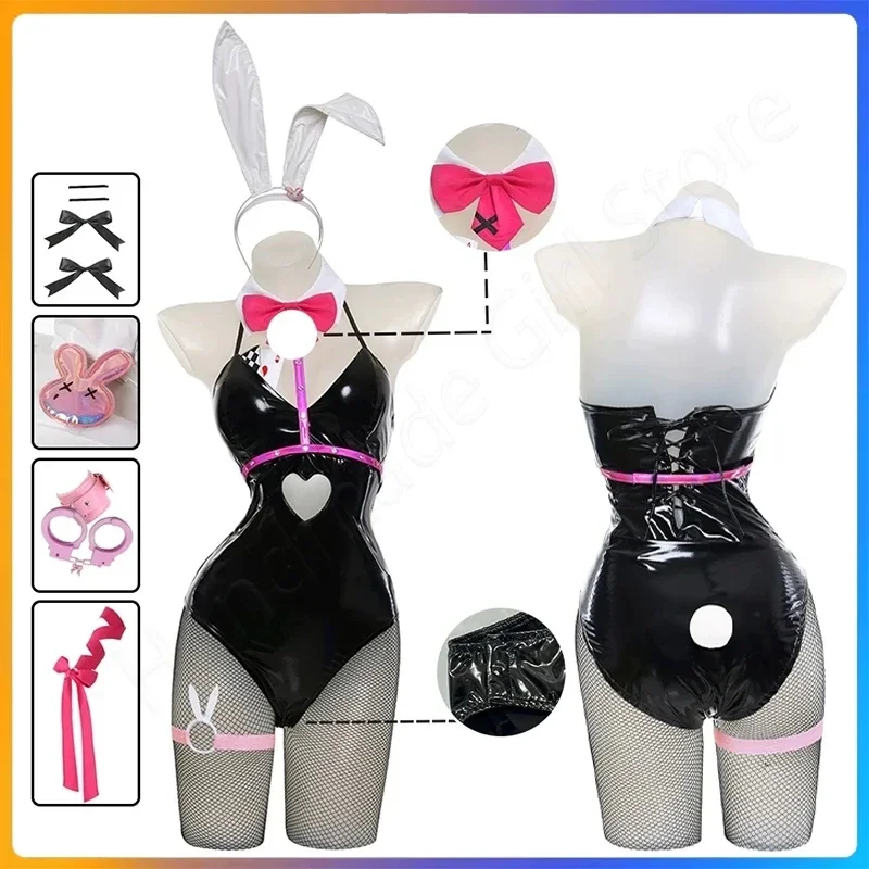 Miku-Disfraz de conejito de cuero negro con agujeros para niña, traje de cosplay de Halloween, tocados, ropa, lámparas, peluca, lindo, sexy