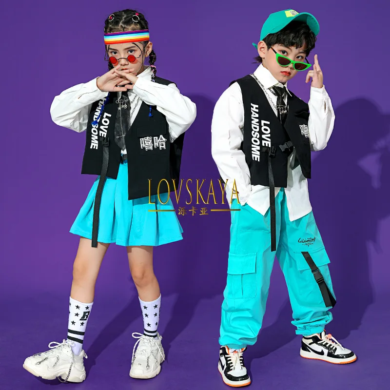 

Hip Hop Clothing White Shirt Top Vest Streetwear Pants Skirt for Girl Boy Dance Costume Clothes